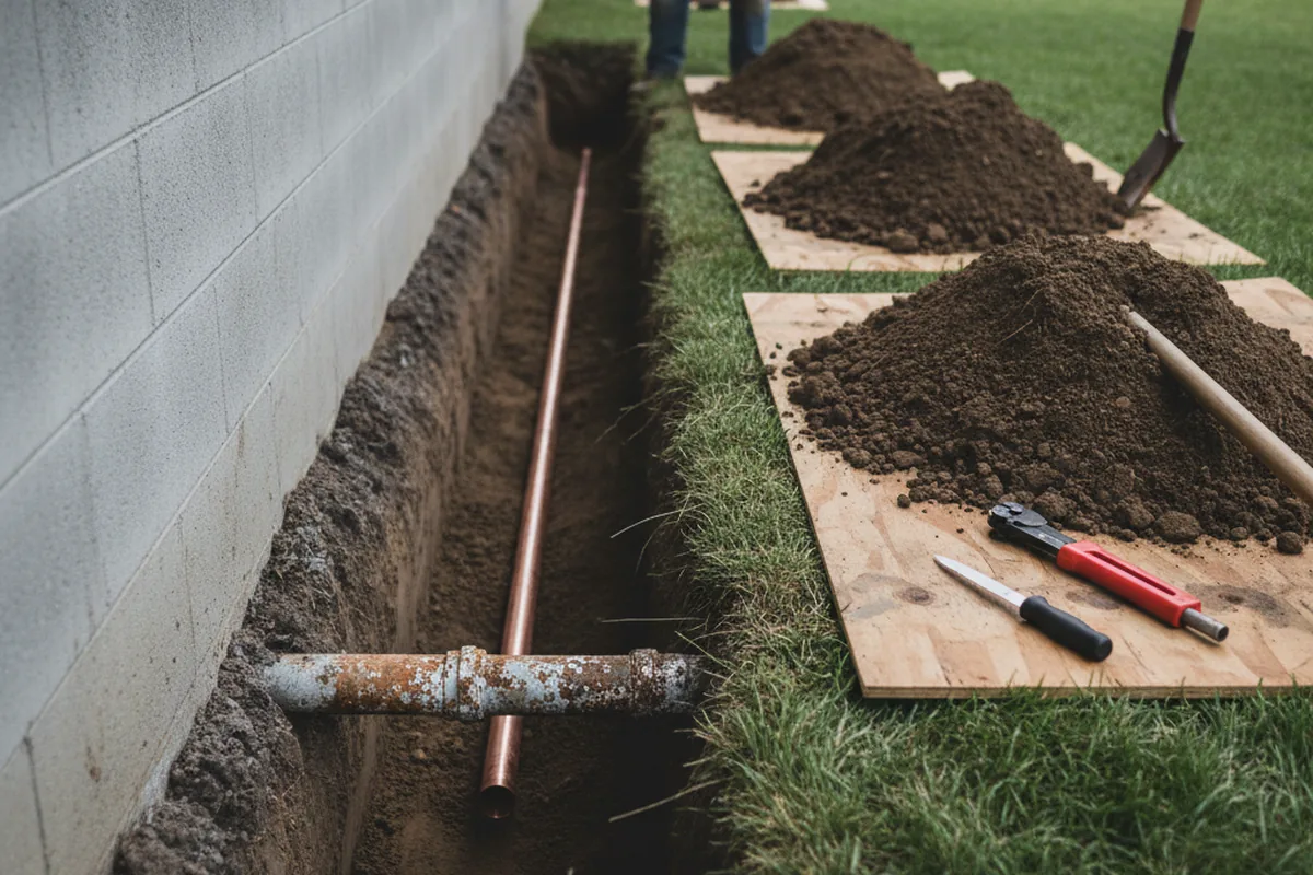 Excavated water line trench during Water Heater Repair in Blythewood